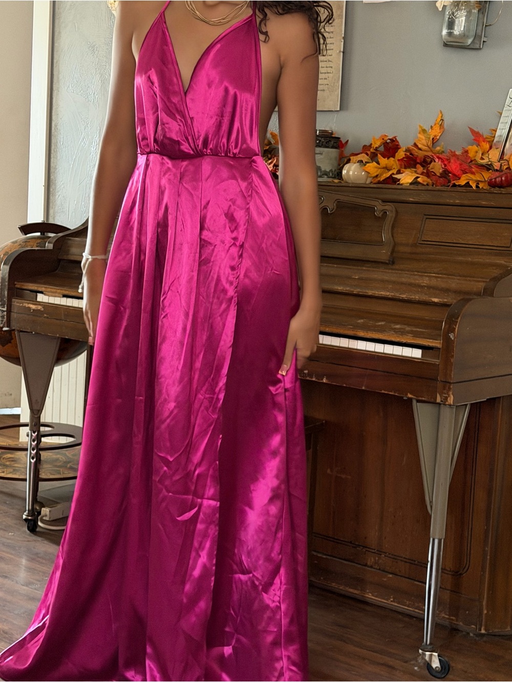 SHEIN Satin V-Neck Halter Maxi Dress in Fuchsia